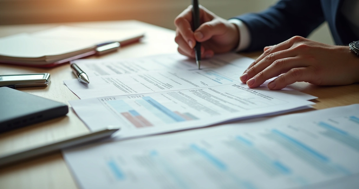 Documentos organizados sobre uma mesa de madeira