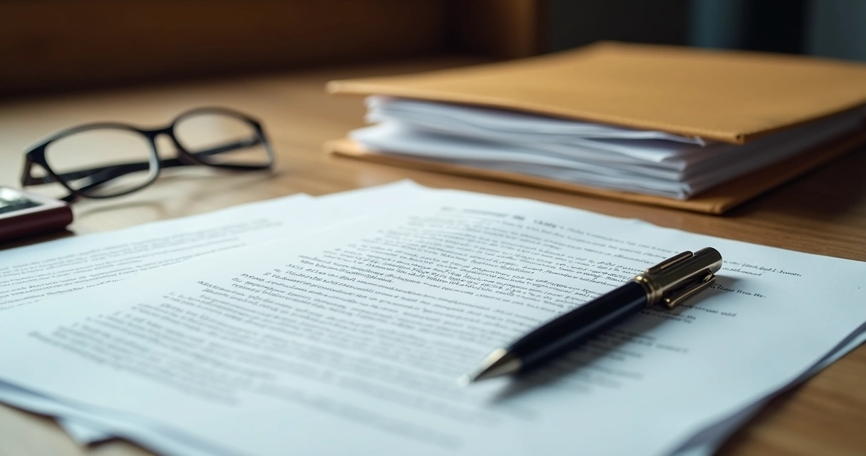 Documentos de planejamento patrimonial e contratos sobre uma mesa, com caneta ao lado 