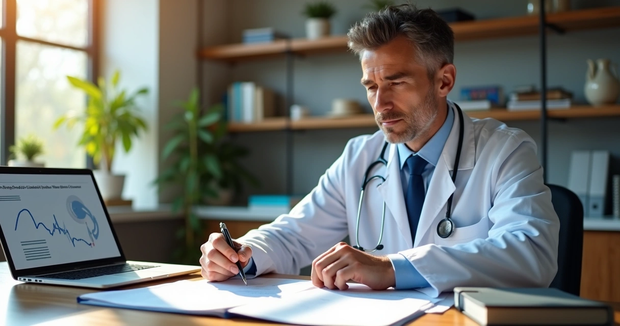 Médico analisando documentos de planejamento financeiro 