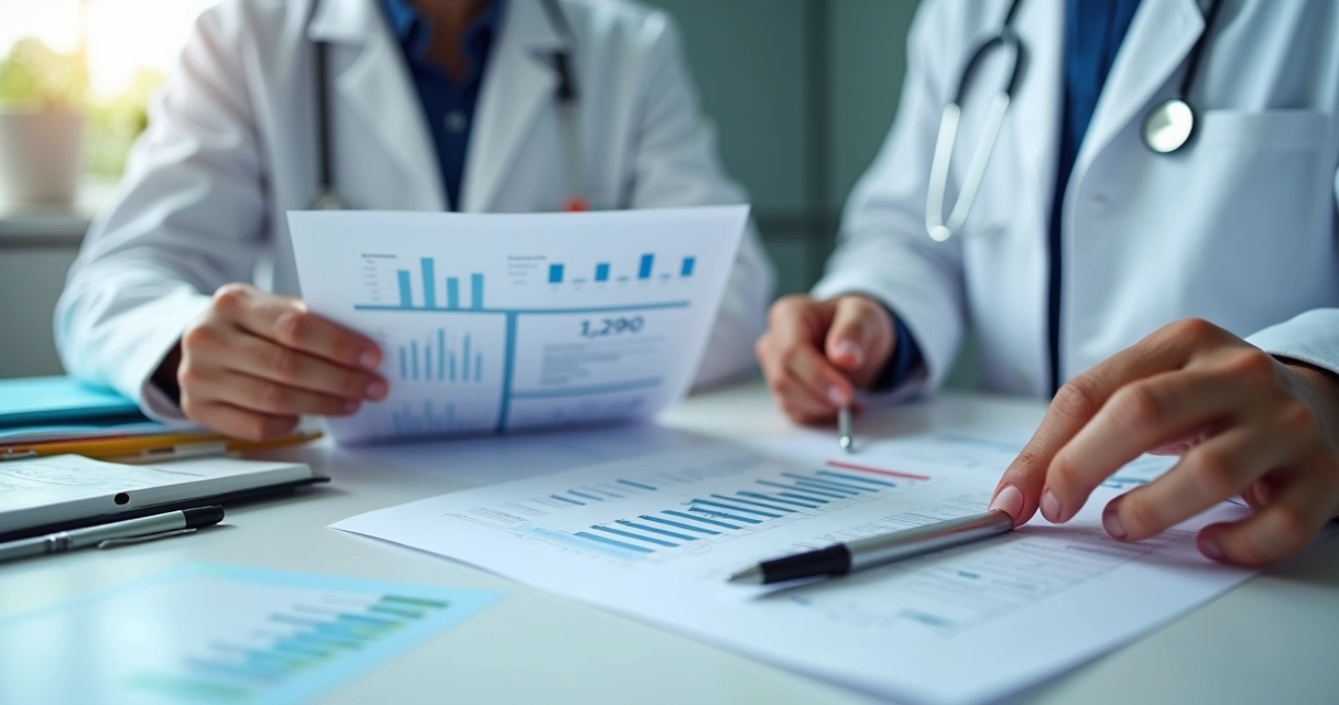 Profissional segurando documentos de contabilidade no consultório 