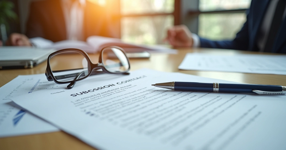 Mesa de escritório com contrato de sucessão e caneta 