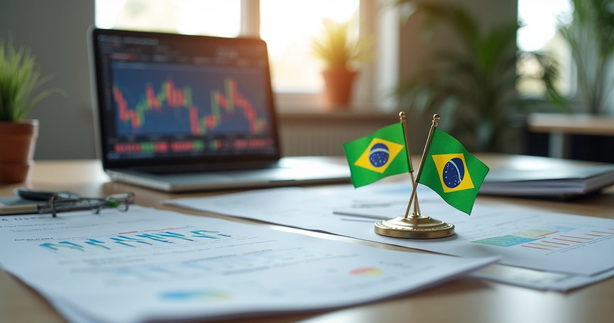 Mesa com documentos para planejamento tributário e bandeiras do Brasil e Estados Unidos lado a lado