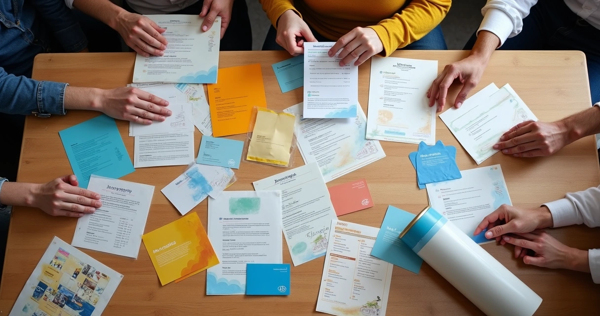 Vários documentos plastificados sobre a mesa 