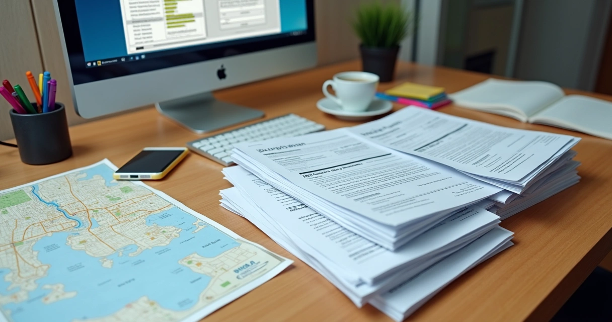 Documentos digitalizados empilhados ordenadamente em uma mesa de trabalho 
