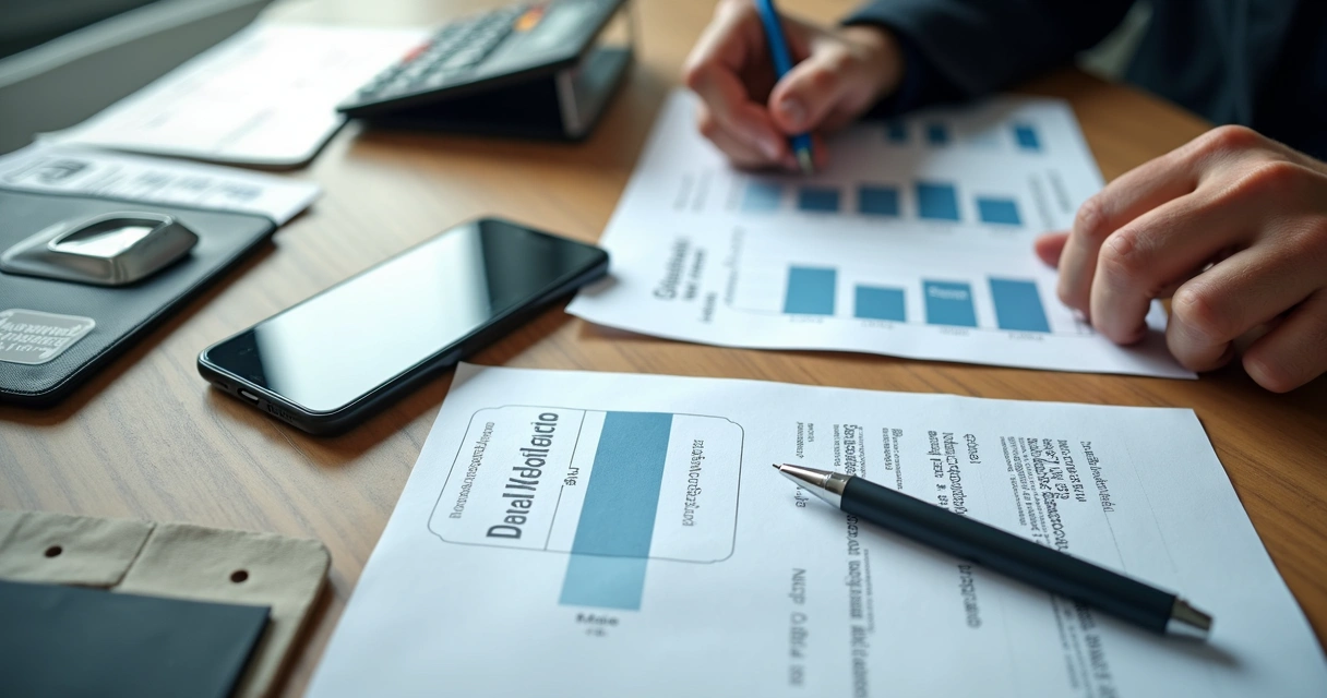 Mesa com celular, anotações e documentos de prejuízo comercial