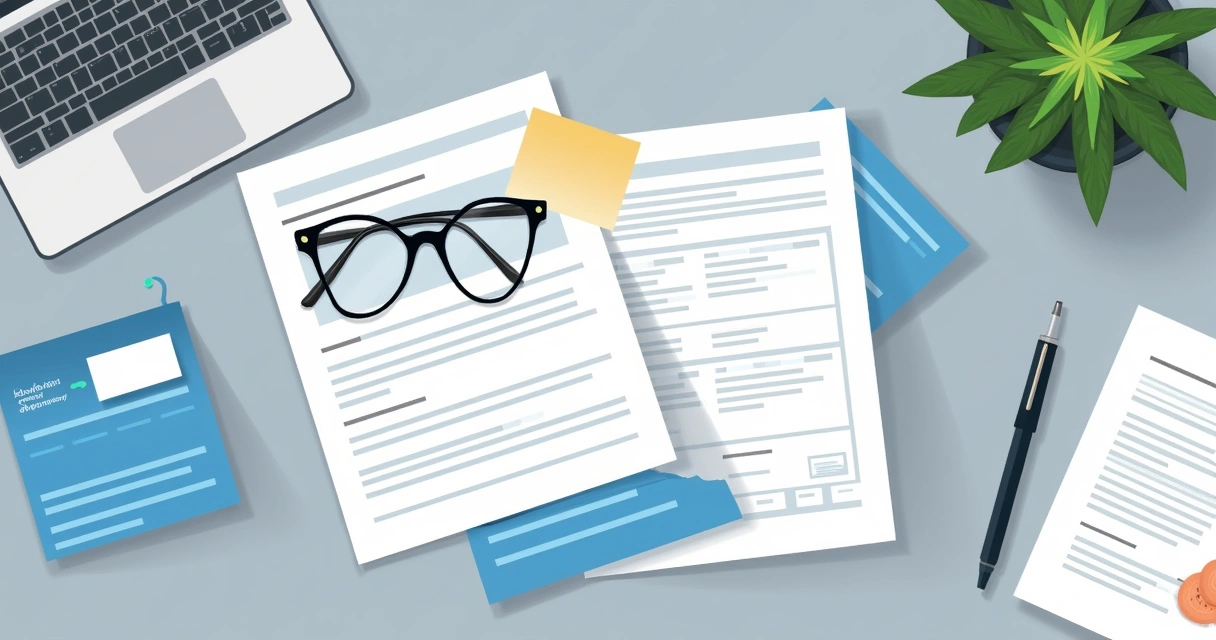 Mesa com documentos previdenciários, carteira de trabalho, caneta e óculos