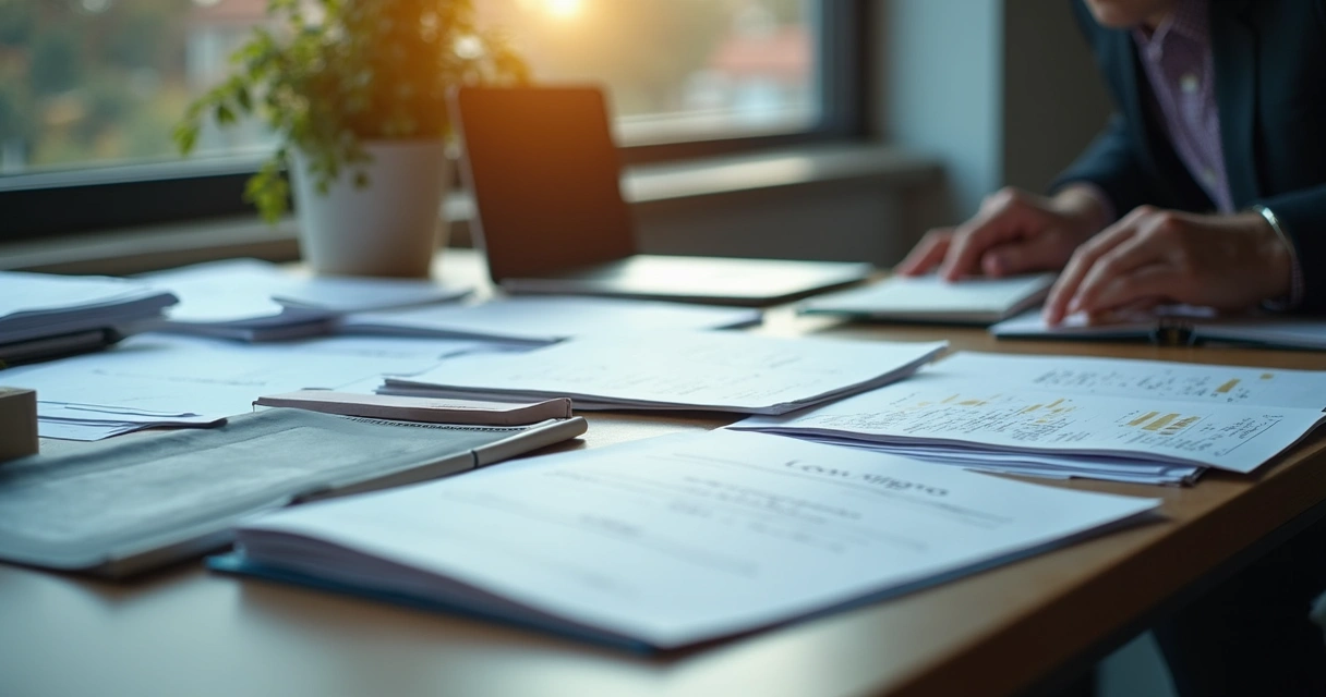 Pilha organizada de documentos bancários e extratos sobre mesa com caneta 