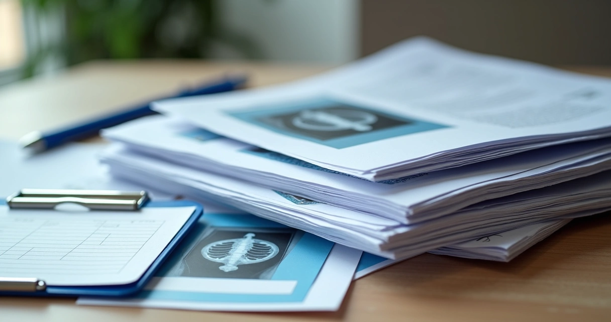 Pilha de documentos, laudos médicos e exames impressos sobre mesa 