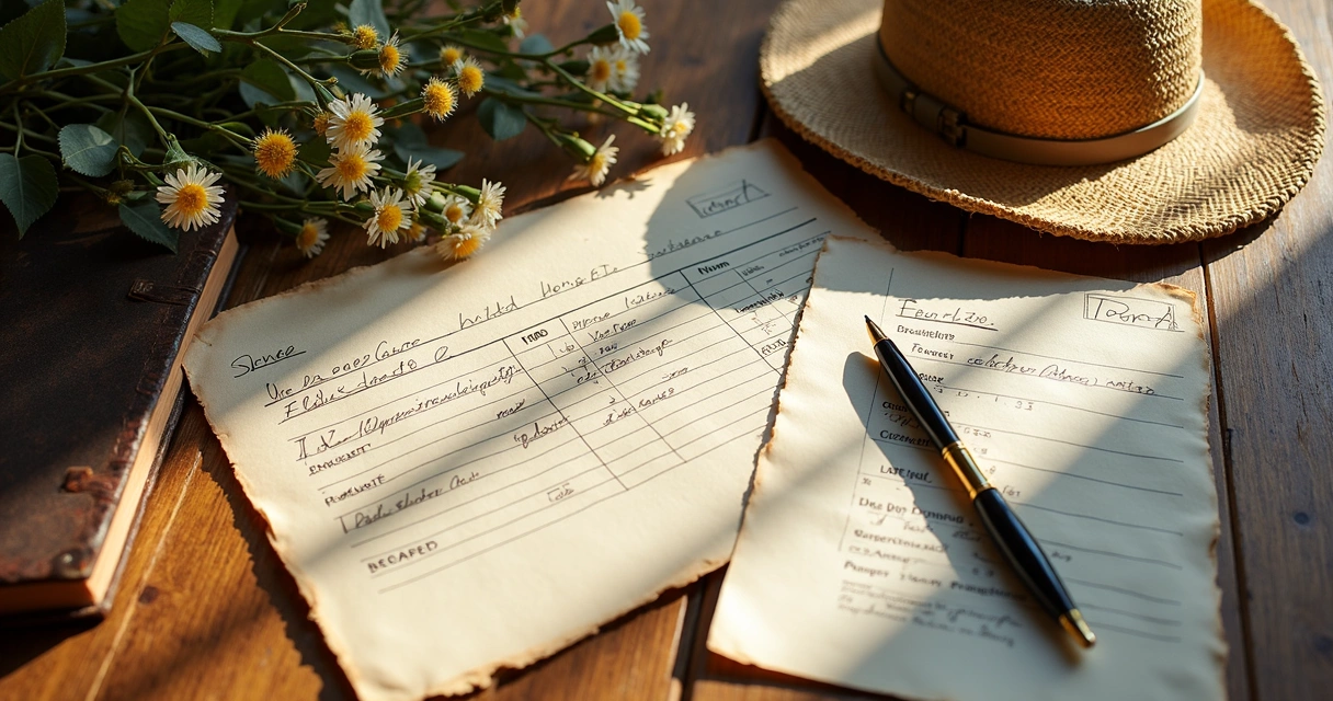 Documentos rurais organizados em mesa de madeira. 