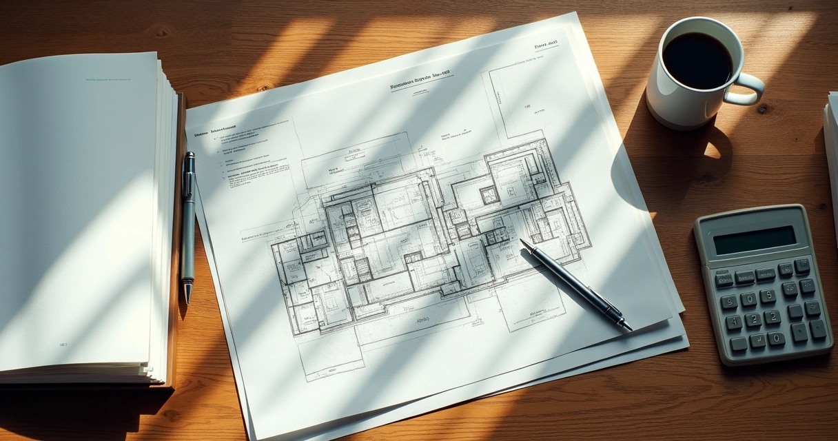 Mesa com pilha de documentos, plantas de arquitetura e caneta azul. 