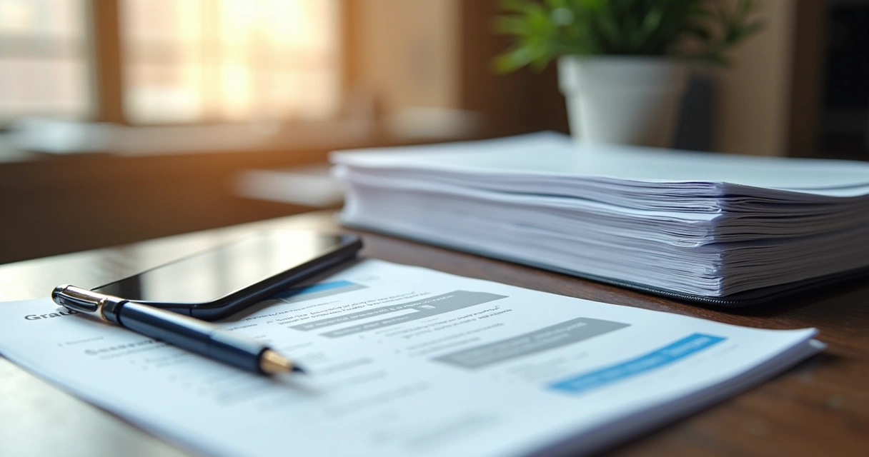 Mesa com documentos, celular mostrando mensagens trabalhistas e caneta 