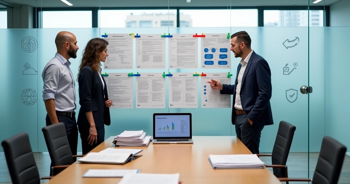 Gestores analisam quadro de riscos psicossociais em sala de reunião corporativa 