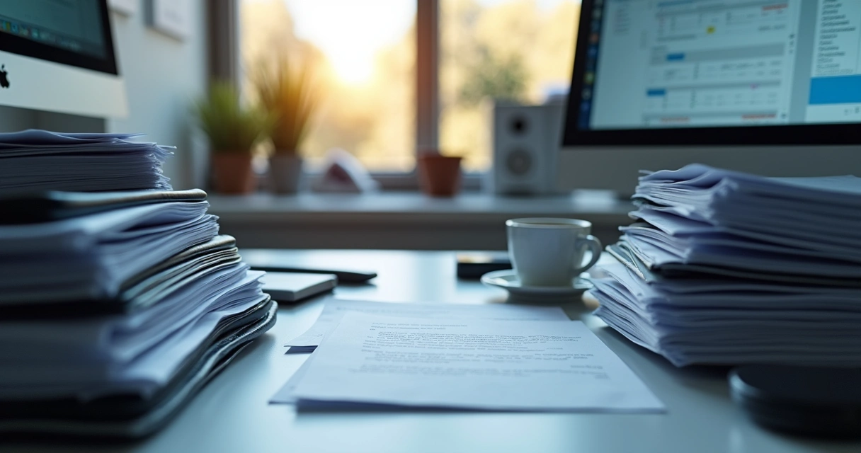 Documentos organizados em uma mesa de escritório de rádio