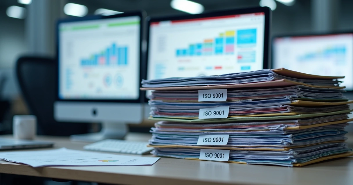 Documentos e planilhas organizados em pastas identificadas com etiquetas ISO 9001 