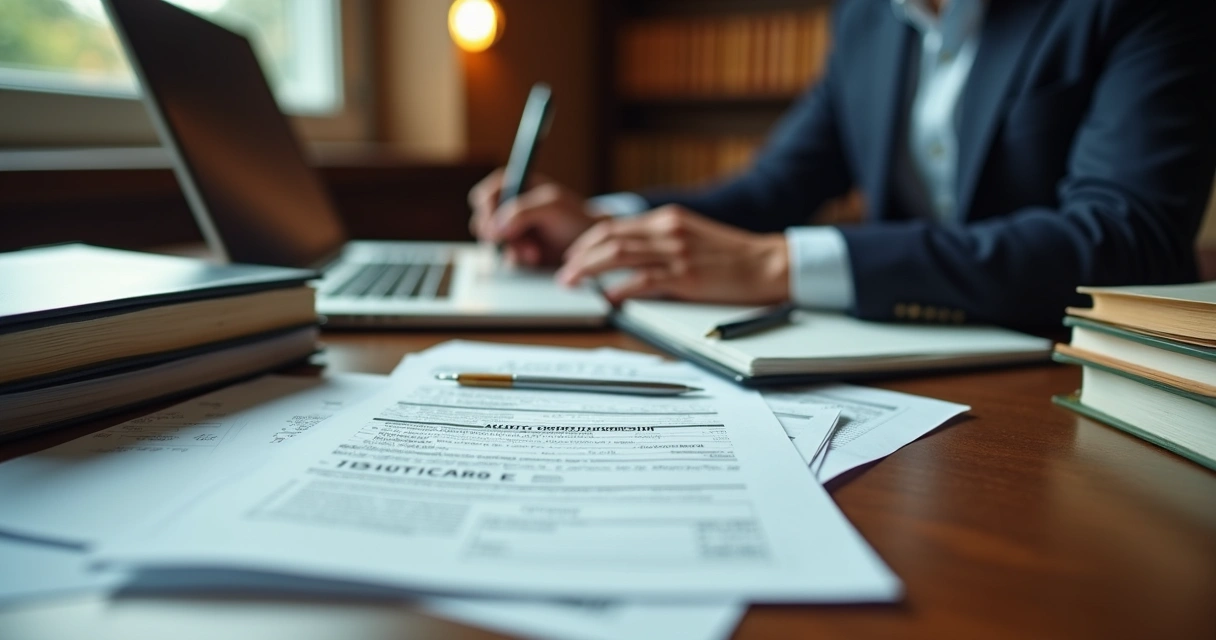 Mesa com documentos e advogado preparando recurso judicial 