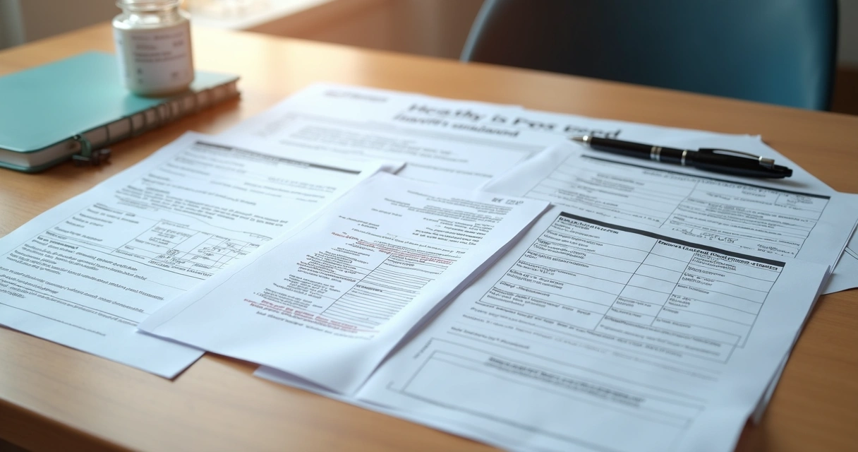 Documentos de reembolso organizados sobre uma mesa 