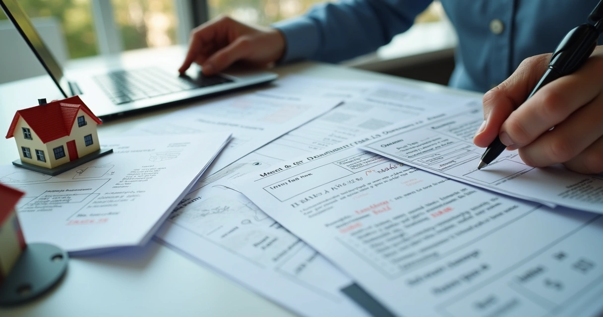 Pessoa analisando contratos e notas fiscais de imóveis sobre mesa 