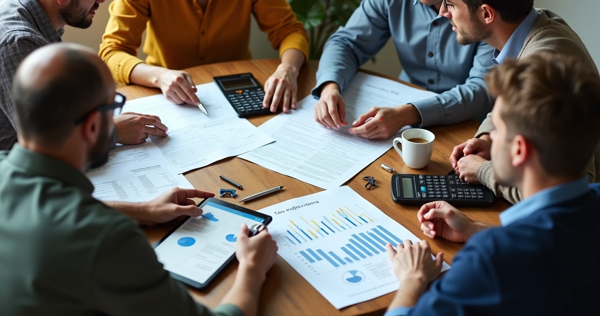 Mesa com documentos da reforma tributária e calculadora