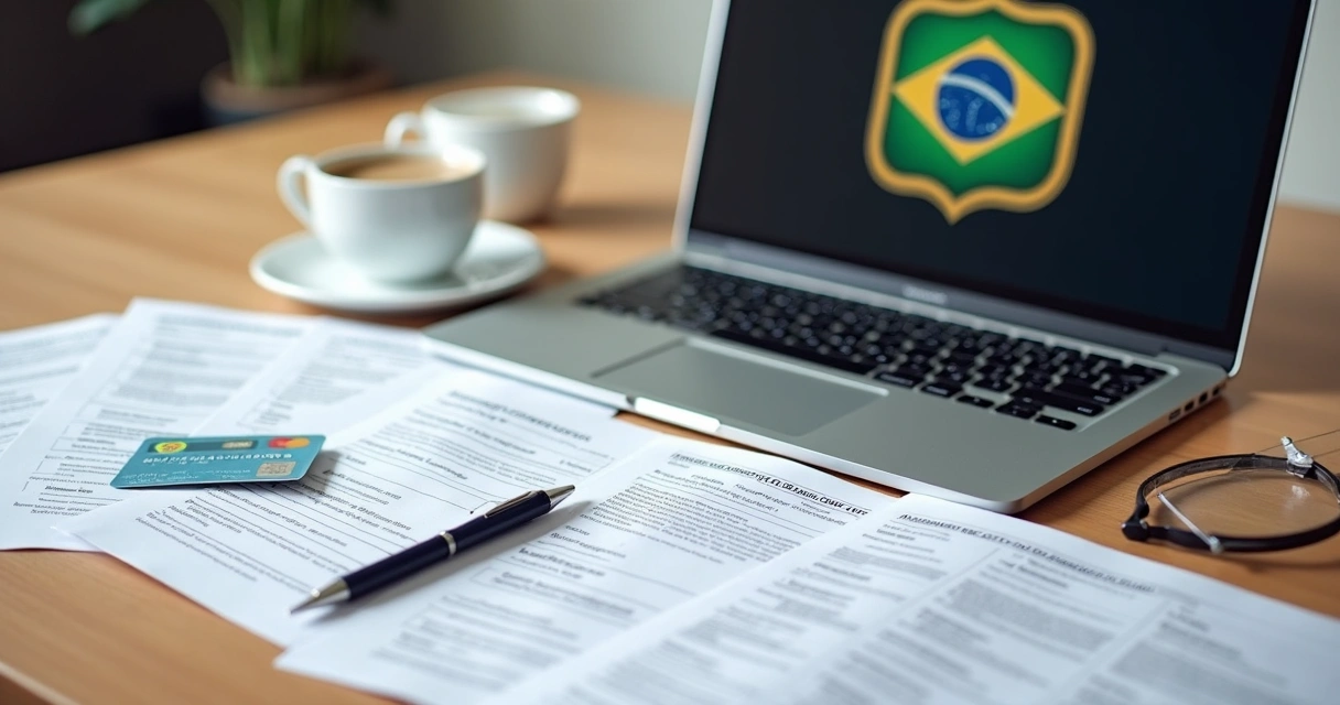 Documentos e laptop sobre mesa, prontos para registro de marca 