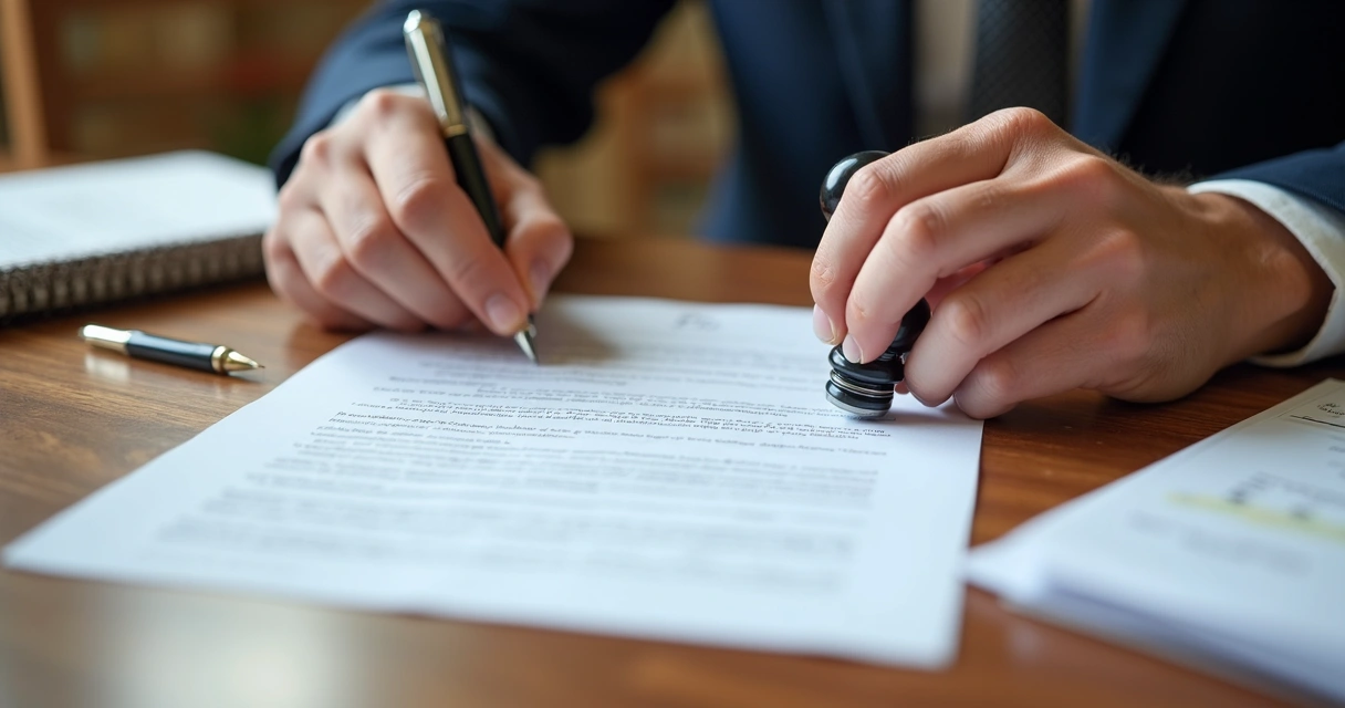 Mãos segurando contrato de compra de imóvel com carimbo do cartório 
