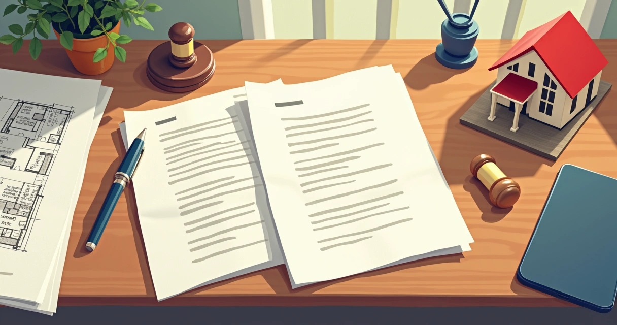 Documentos organizados sobre mesa com carimbo e planta do imóvel 