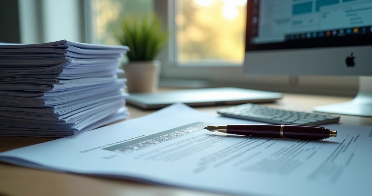 Documentos organizados sobre uma mesa para registro de marca 