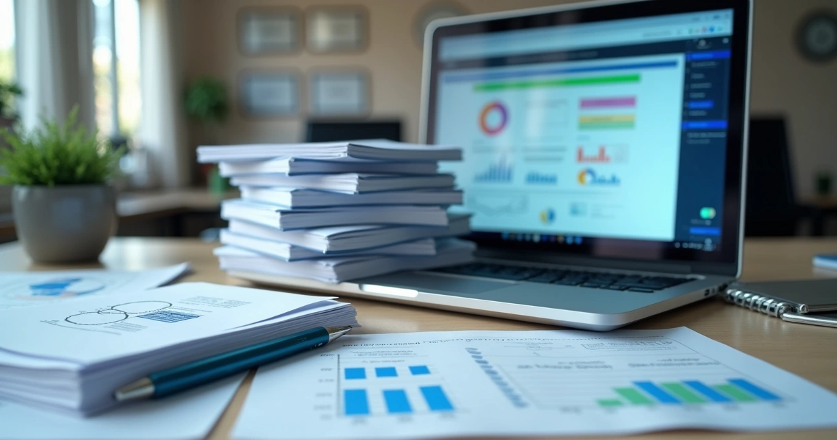 Documentos regulamentares sobrepostos a um laptop com gráficos 
