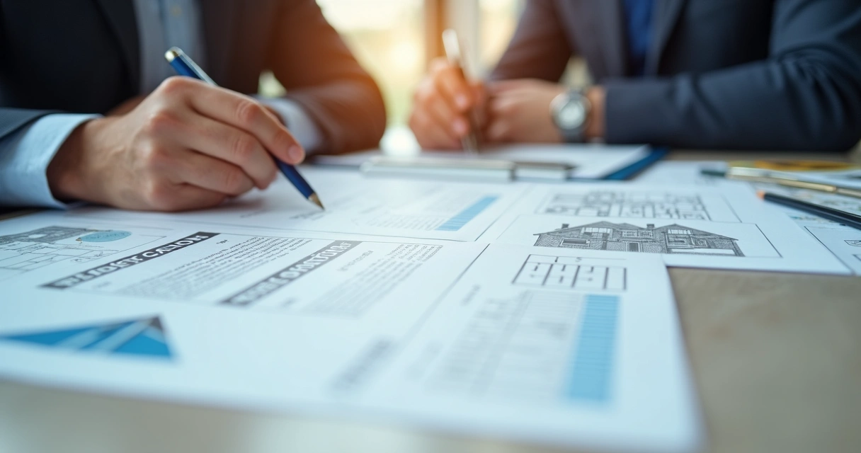 Documentos de regularização imobiliária em uma mesa com planta baixa e certidões.