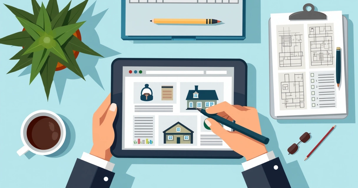 Documentos digitais de imóvel organizados em tablet com projeto arquitetônico ao fundo 