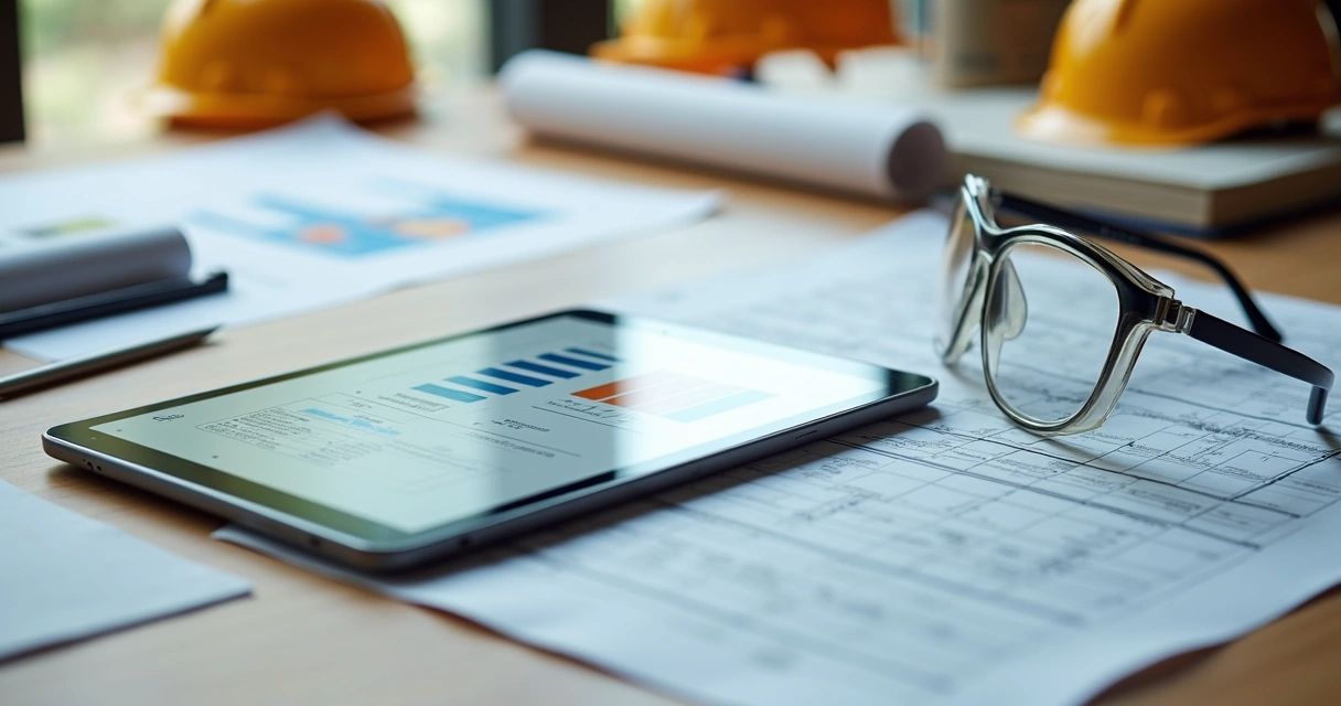 Mesa com documentos de construção, plantas técnicas, um tablet exibindo checklist digital e óculos de segurança 