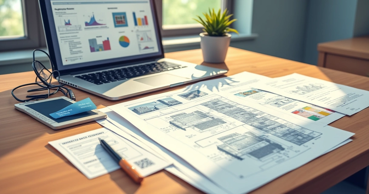 Documentos organizados em uma mesa de escritório com planta arquitetônica 