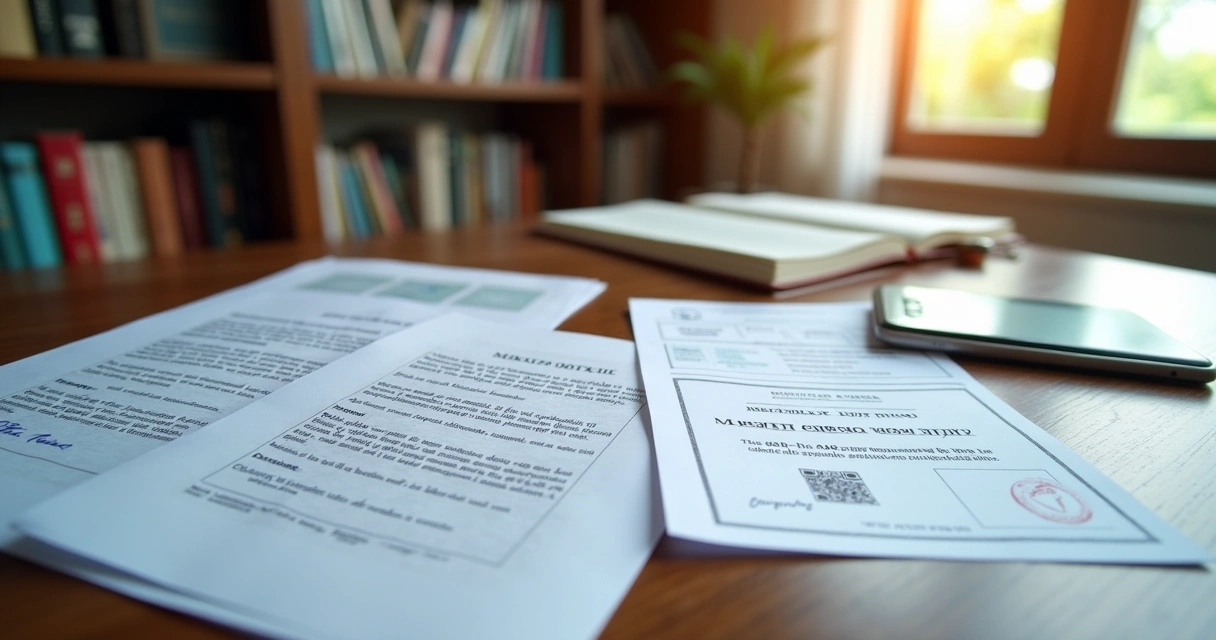 Documentos organizados sobre uma mesa, incluindo escritura, Habite-se, certidão de ônus reais e documentos pessoais.