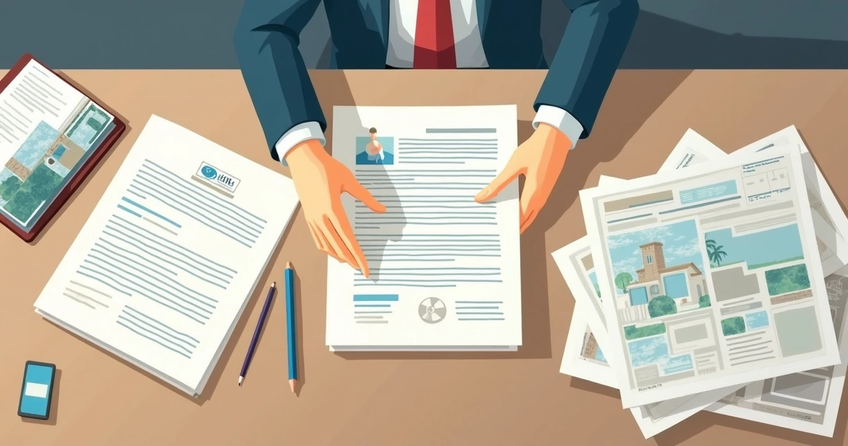 Papéis, registros e carimbos organizados para regularizar imóvel 