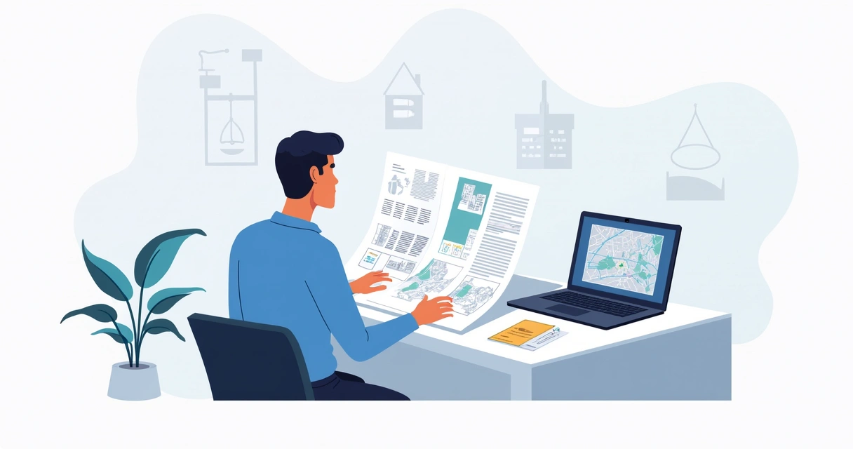 Documentos e plantas de imóvel sendo analisados por arquiteto 