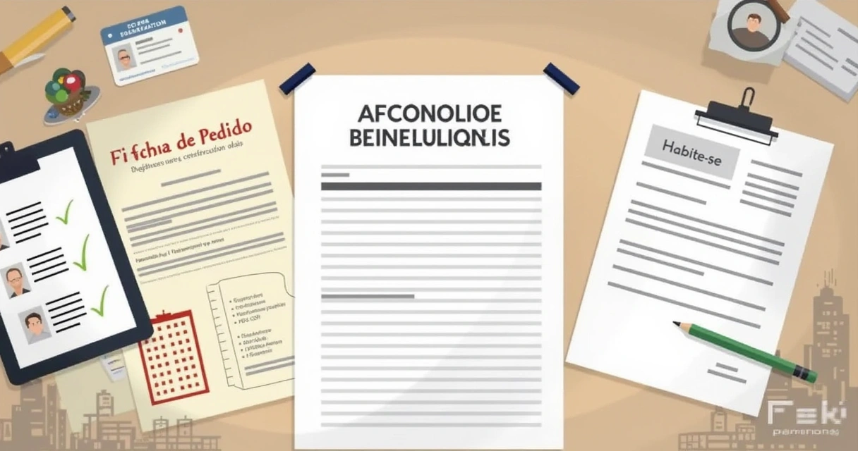 Mesa com documentos para regularização de imóvel, incluindo Ficha de Pedido e Habite-se.