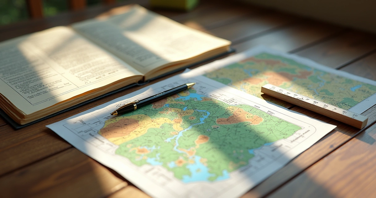 Documentos e mapas sobre uma mesa de madeira, caneta, régua ao lado 