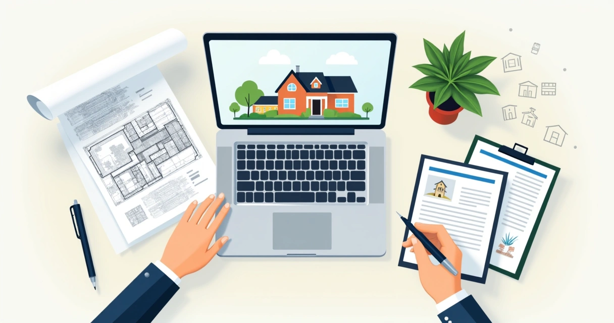 Mesa com documentos organizados, caneta e planta baixa de imóvel. 