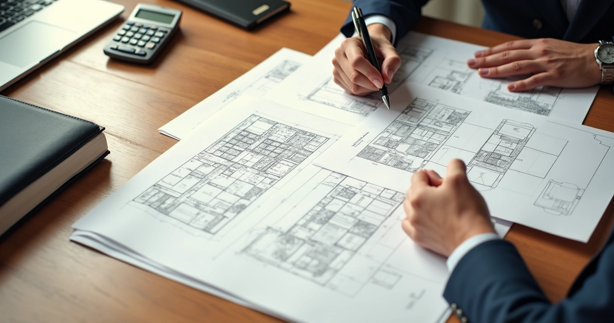 Documentos e projetos de regularização sobre uma mesa 