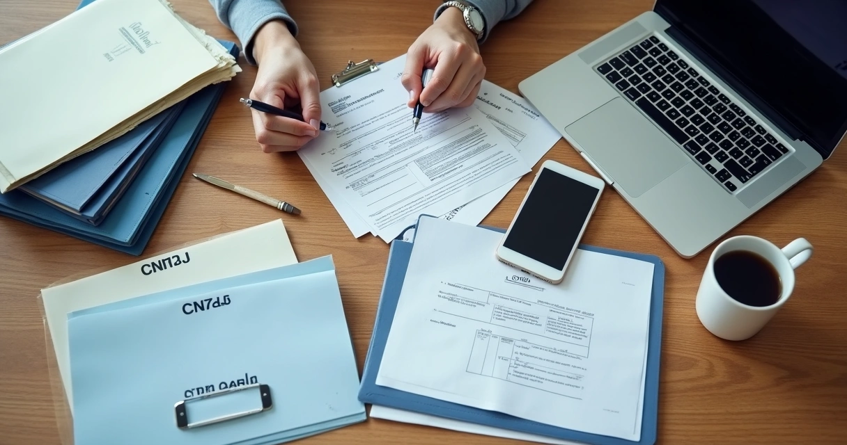 Mesa com documentos e celular, mãos preenchendo formulário 