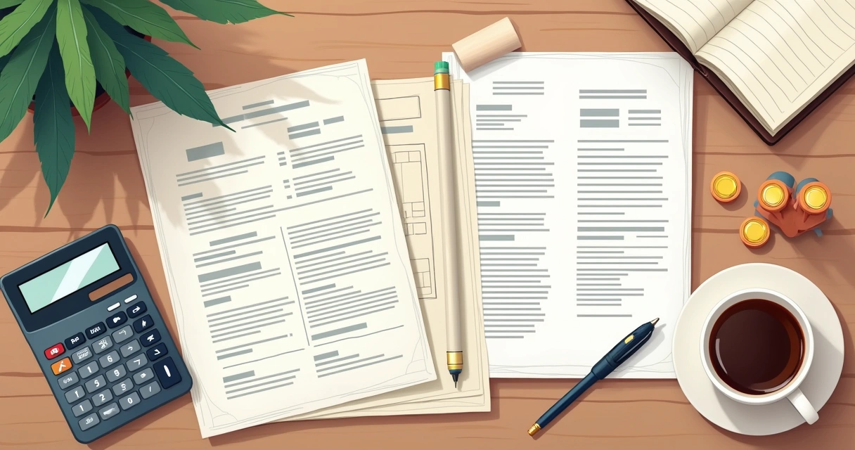 Documentos de obra organizados em mesa de escritório 