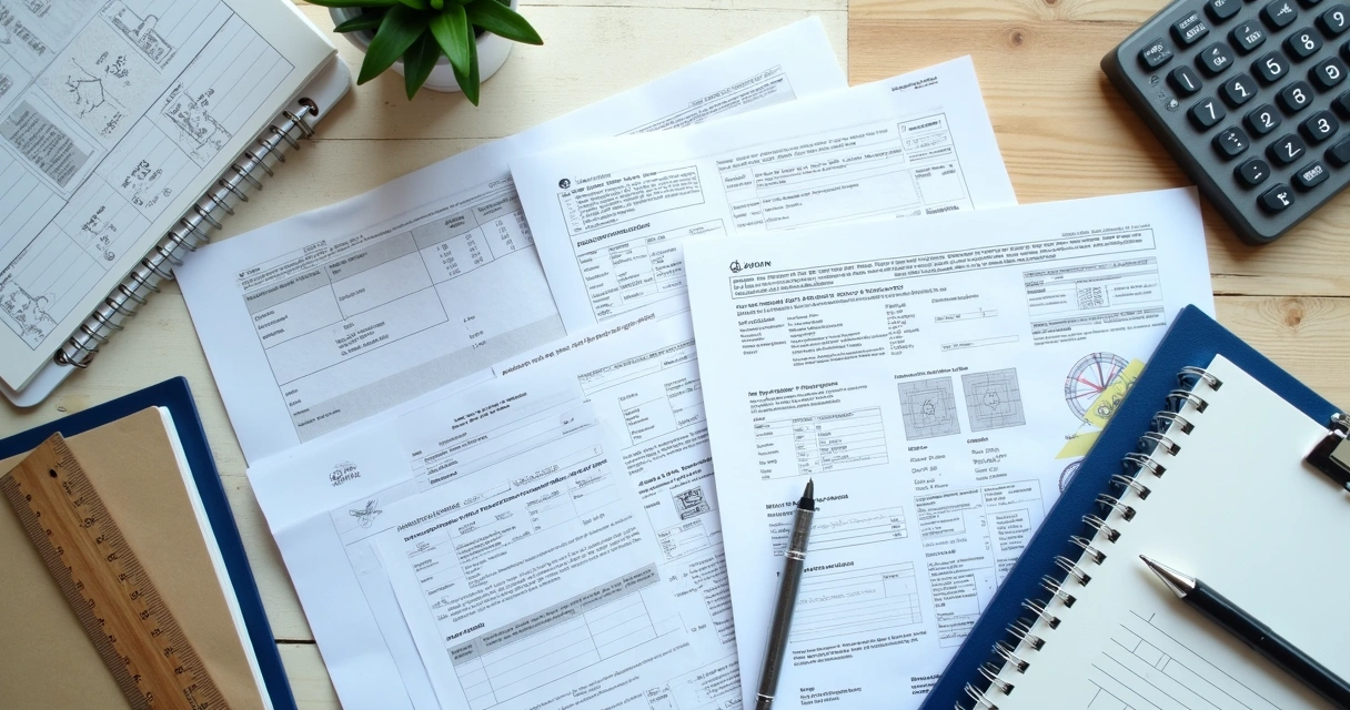 Mesa com documentos de obra, calculadora e pasta de regularização 