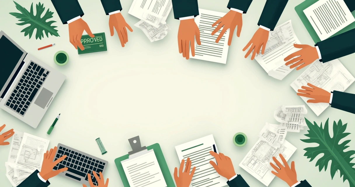 Mesa organizada com documentos de regularização de obra e carimbo de aprovado 