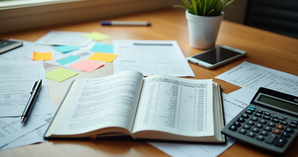 Mesa com documentos, caneta, calculadora e notebook. 