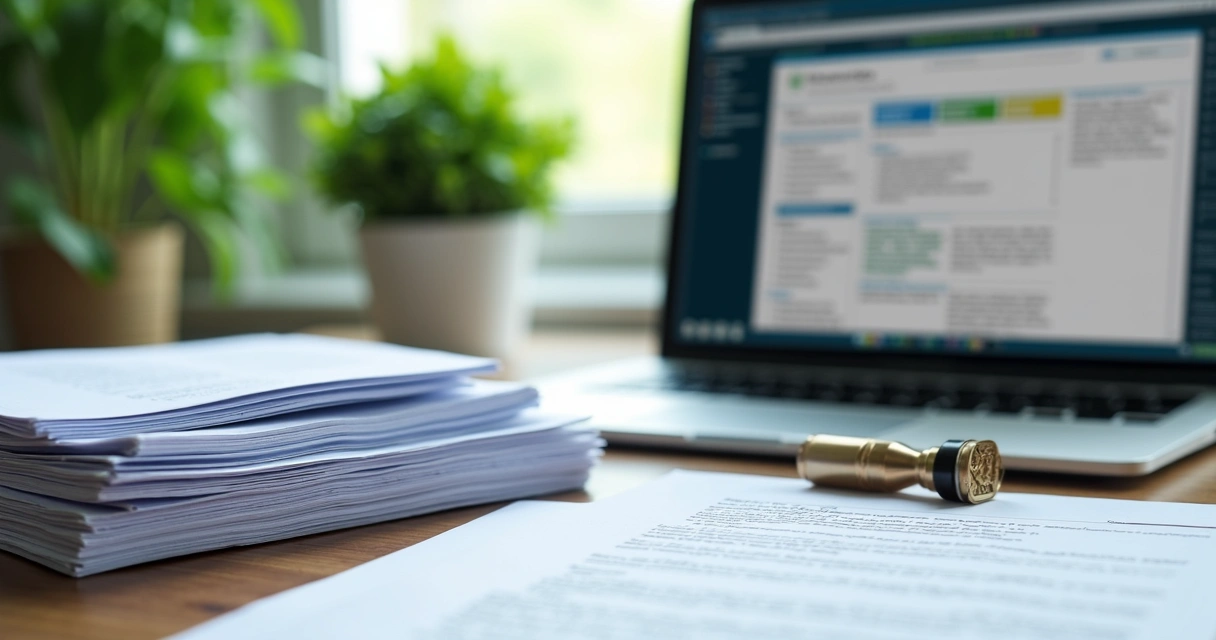Pilha de documentos e carimbos para renovar licença ambiental 
