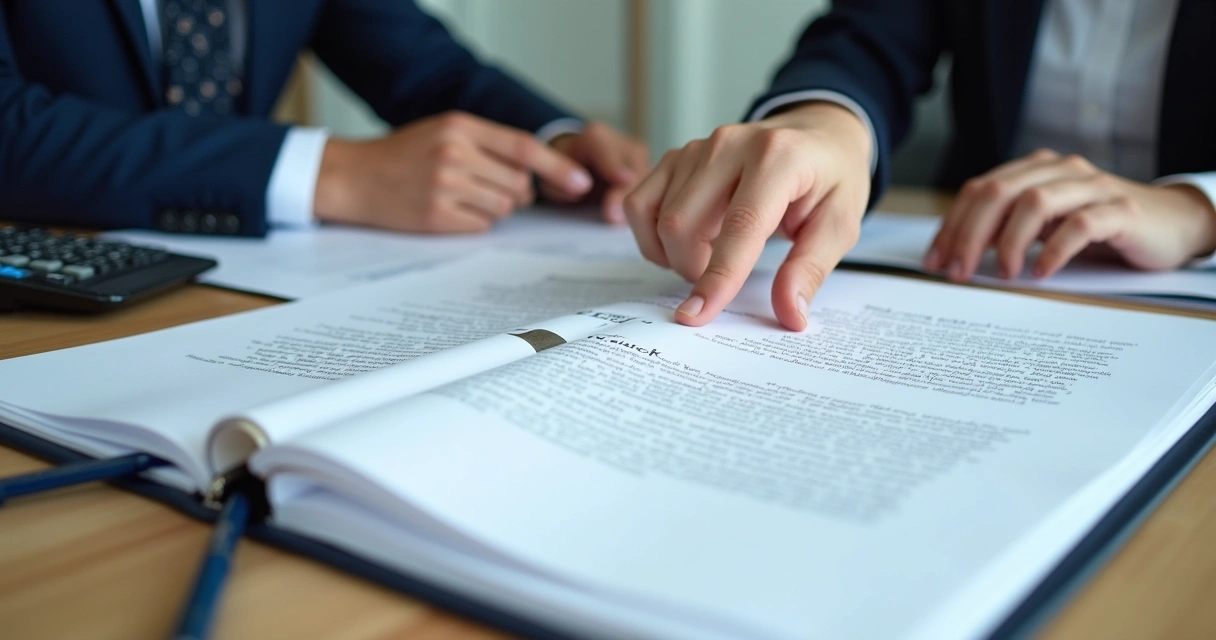 Mesa de reunião com documentos empresariais e duas pessoas analisando contrato empresarial 