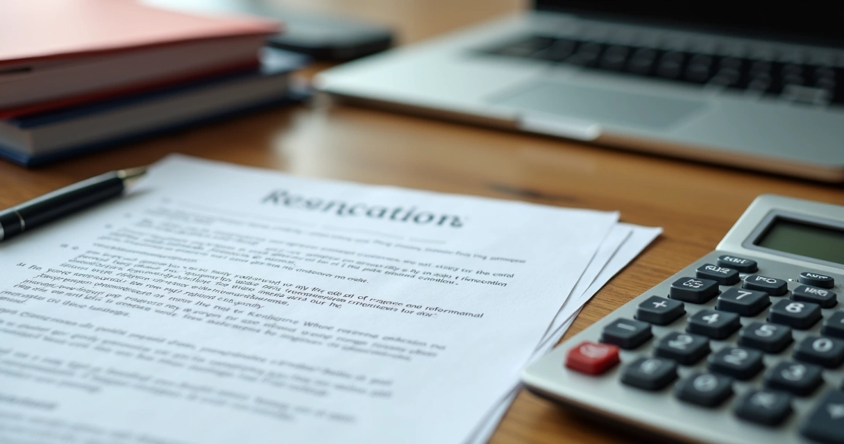 Documentos de demissão organizados com calculadora e caneta ao lado 