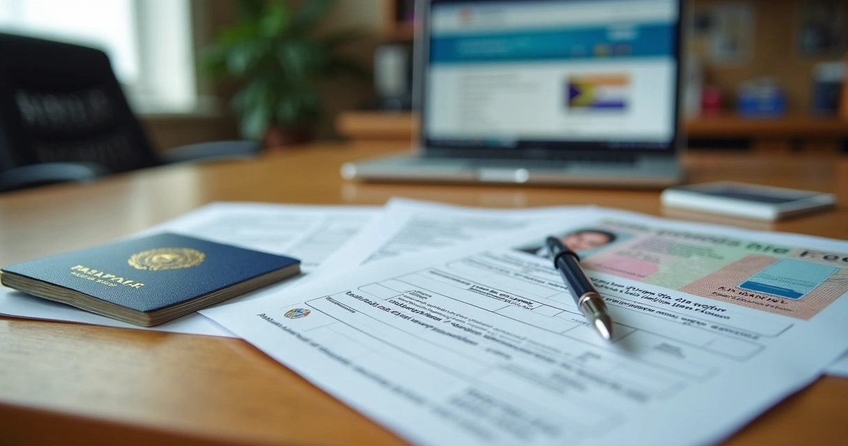 Documentos alinhados sobre uma mesa, passaporte, carteira de identidade e formulários de aplicação 