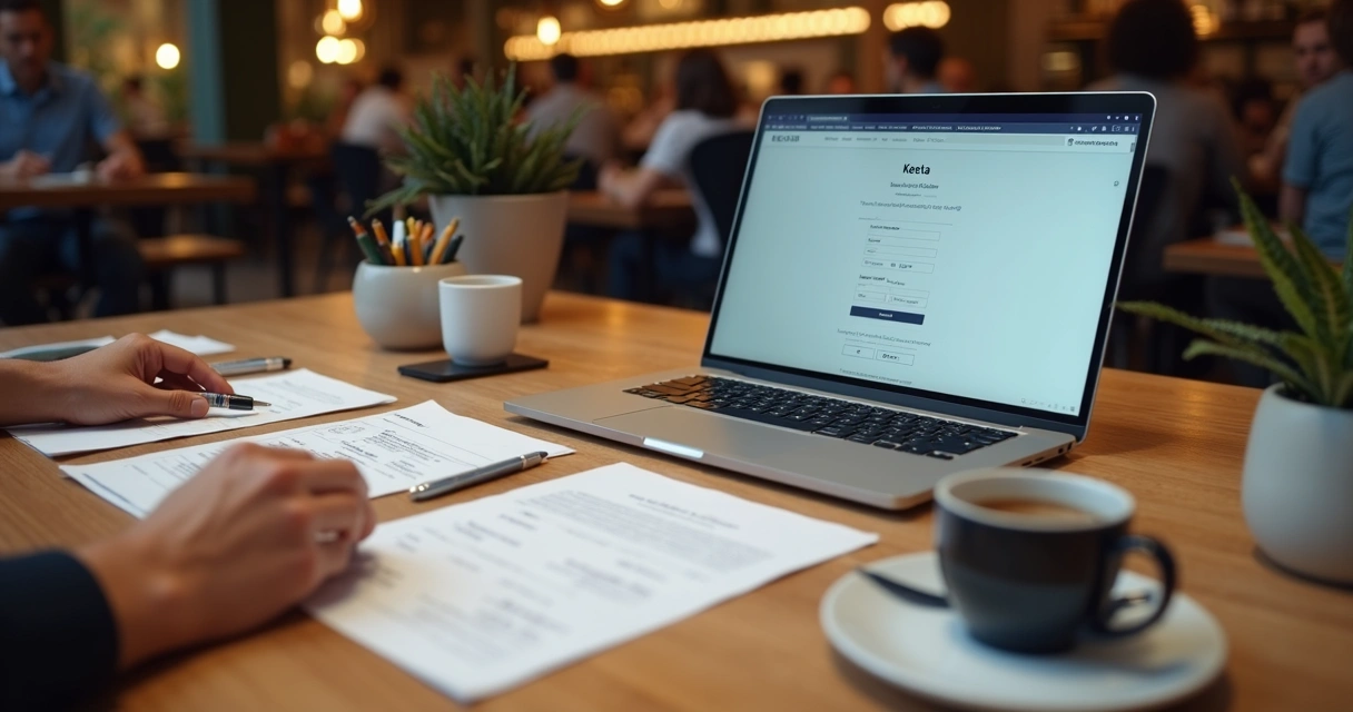 Mesa de trabalho com documentos e notebook organizados 