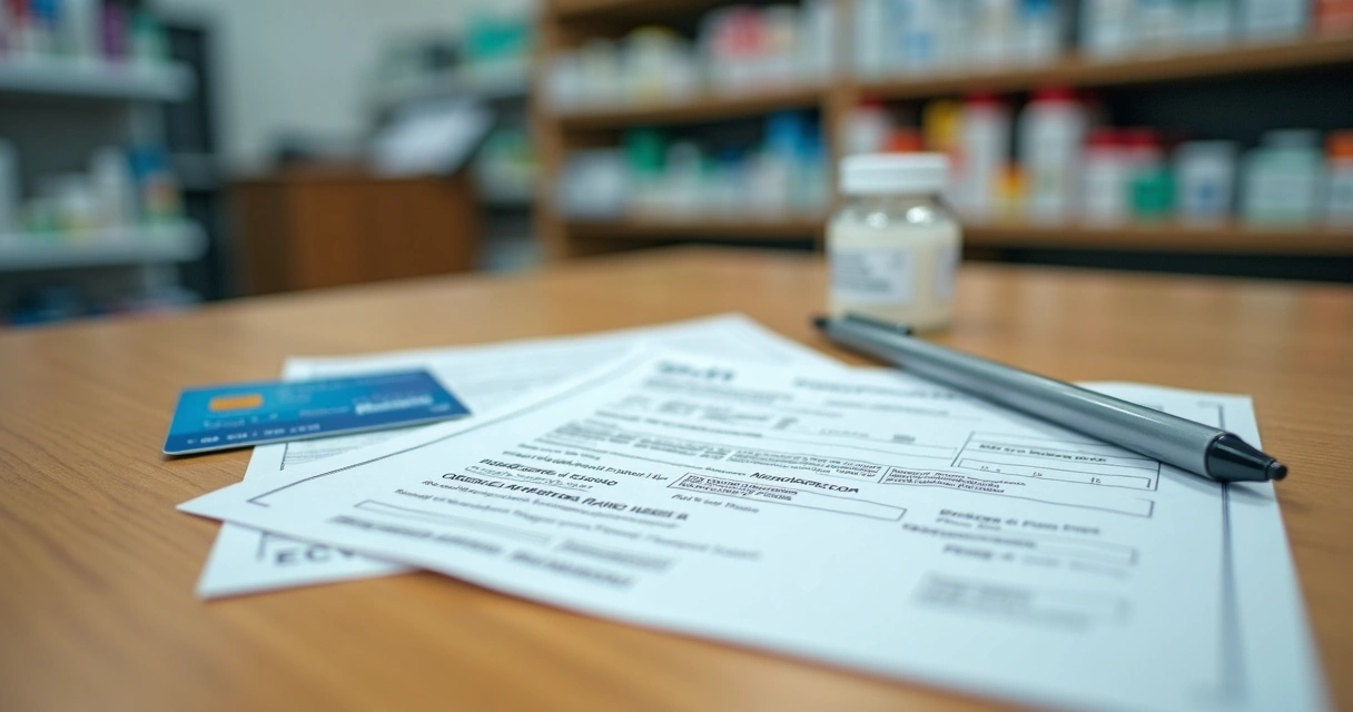 Documentos organizados sobre mesa para retirada de medicamentos em farmácia 