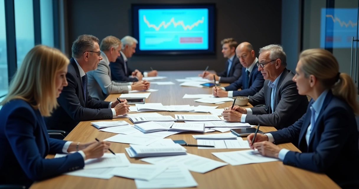 Pessoas reunidas ao redor de uma grande mesa de reuniões examinando e organizando pilhas de documentos empresariais.
